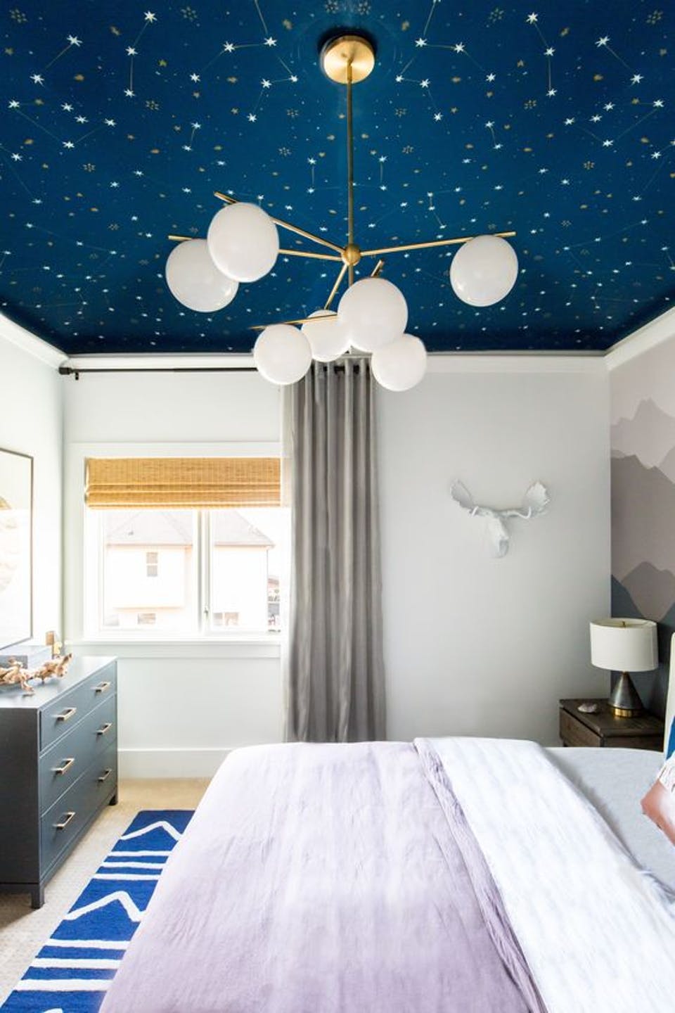Kids bedroom DIY navy starry sky with modern light fixture