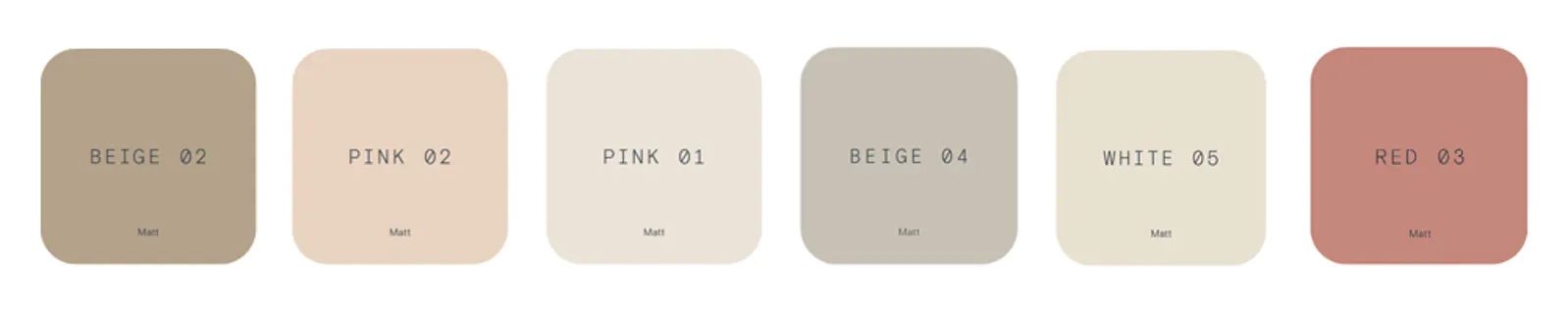 Lick colour palette of Beige 02, Pink 02, Pink 01, Beige 04, White 05 and Red 03 paint