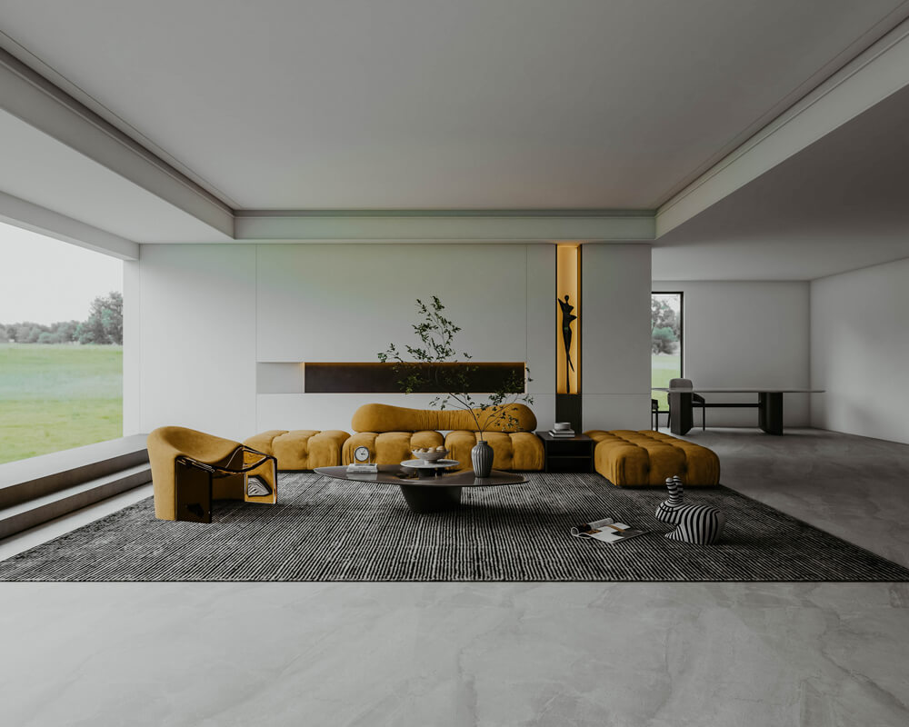 Large Contemporary Living Room with yellow accents