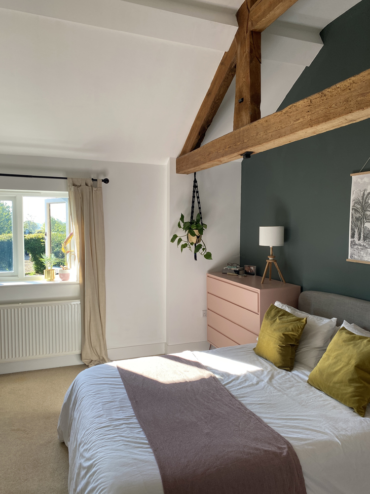 Cottage core interior trends barn style bedroom with walls painted in Lick paint Green 03 and white 02
