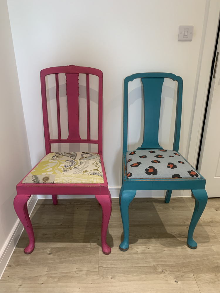 Two chairs colourfully upcycled with pink and Lick paint Teal 03