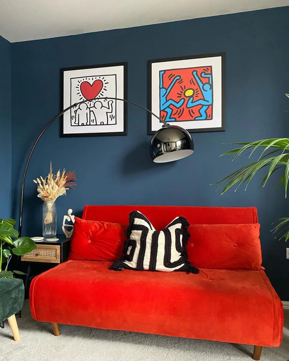 Mid century modern living room inspiration red sofa with walls painted in Lick paint Blue 04