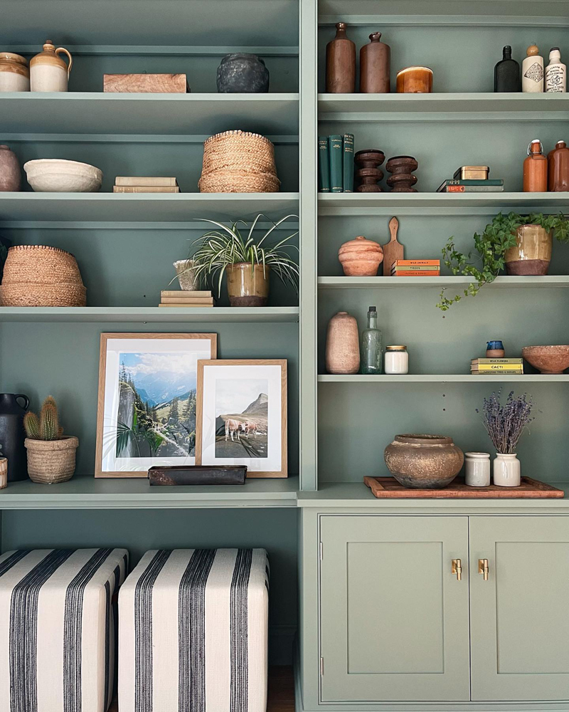 Living room shelving painted in Lick Green 02 calming paint colour