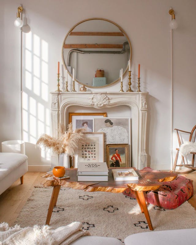 Boho living room with and fireplace surround painted in Lick paint White 02
