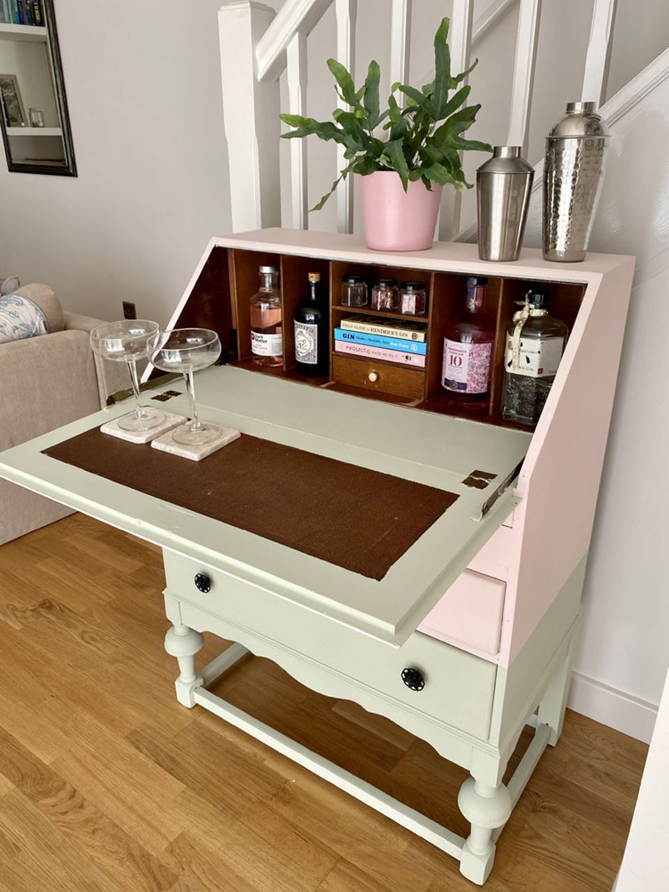 Cottagecore interior trend upcycled  pastel drinks cabinet painted in Lick paint Green 09