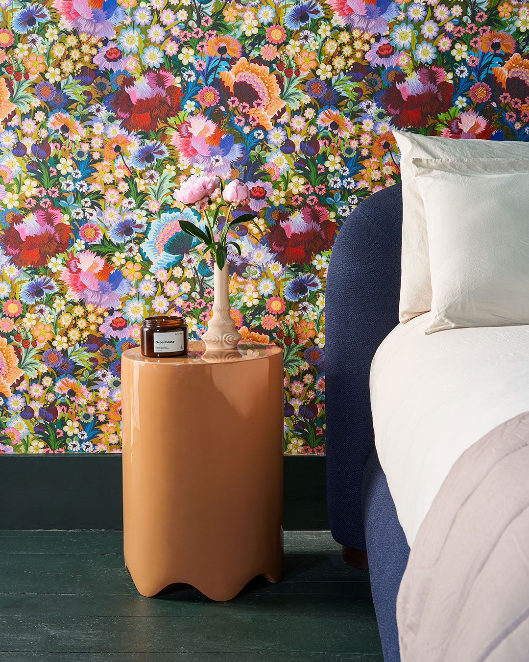 Bedroom decorated in Lick Bloombastic 01 maximalist floral wallpaper