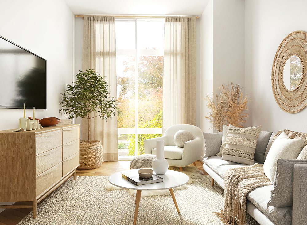 Beige Boho Living Room with white furnishings