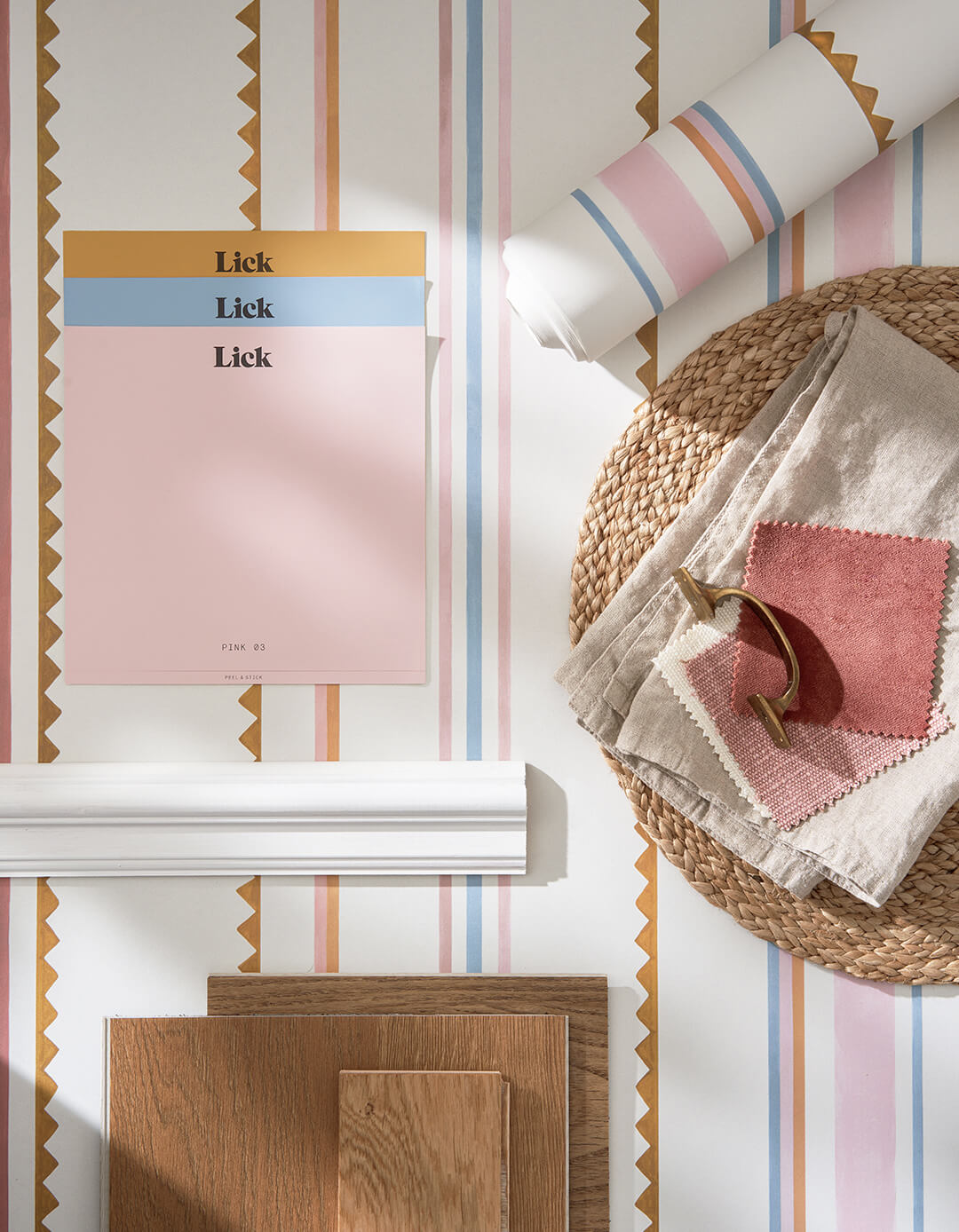 Moodboard using ZigZag 02 wallpaper design, Lick paint samples and interior accessories