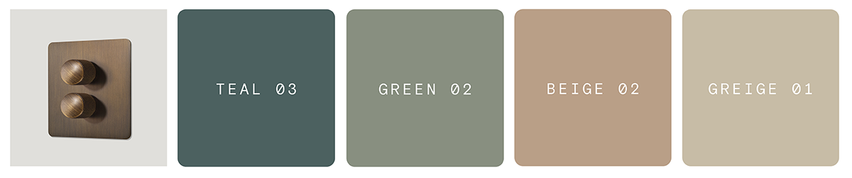 Antique brass dimmer switch, Teal 03, Green 02, Beige 02, Greige 01