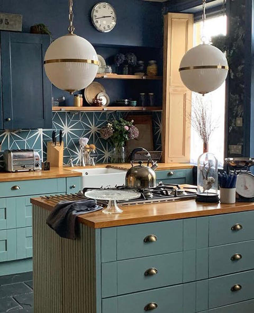Kitchen painted in Lick Teal 01 and Blue 07