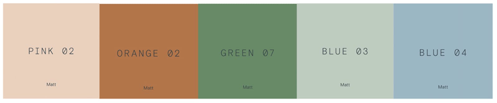 Lick paint split complementary colour scheme in colours Pink 02, Orange 02, Green 07, Blue 03, Blue 04
