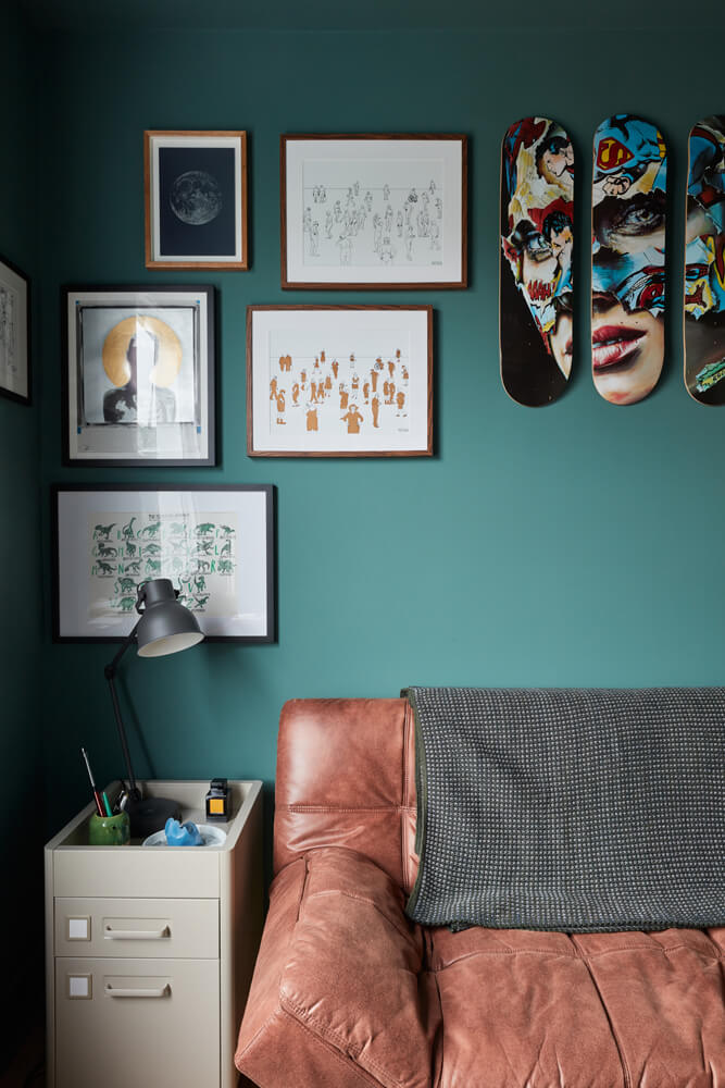 Jim Chapman's home office with a gallery wall and walls decorated in Lick Green 04 paint shade