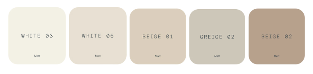 Image of a neutral colour palette featuring Lick White 03, White 05, Beige 01, Greige 02 and Beige 02