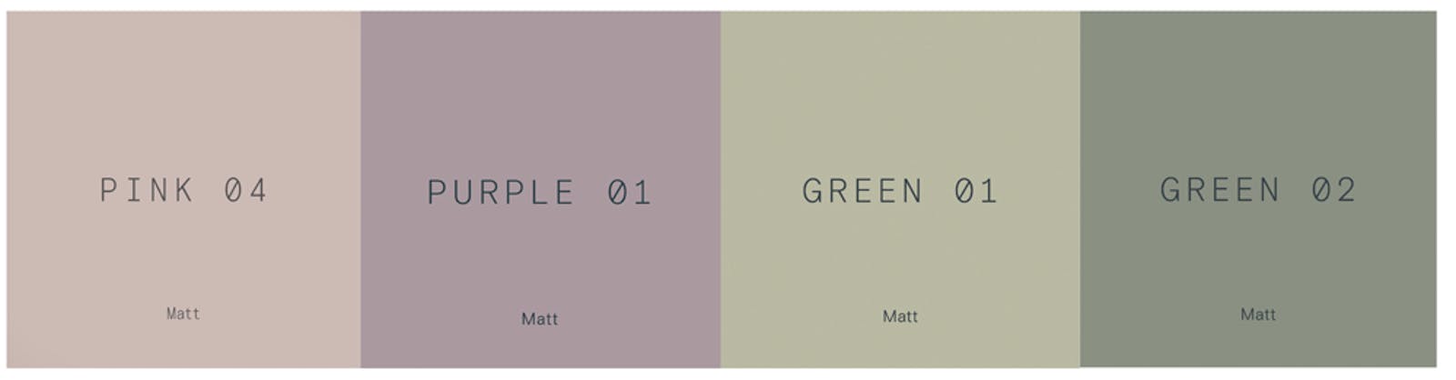 Lick paint complementary colour pallet in Pink 04, Purple 01, Green 01 and Green 02