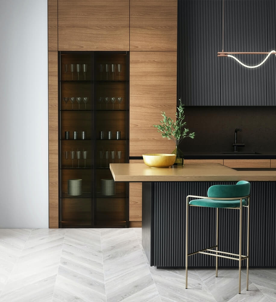 Dark wood contemporary kitchen with gold accents