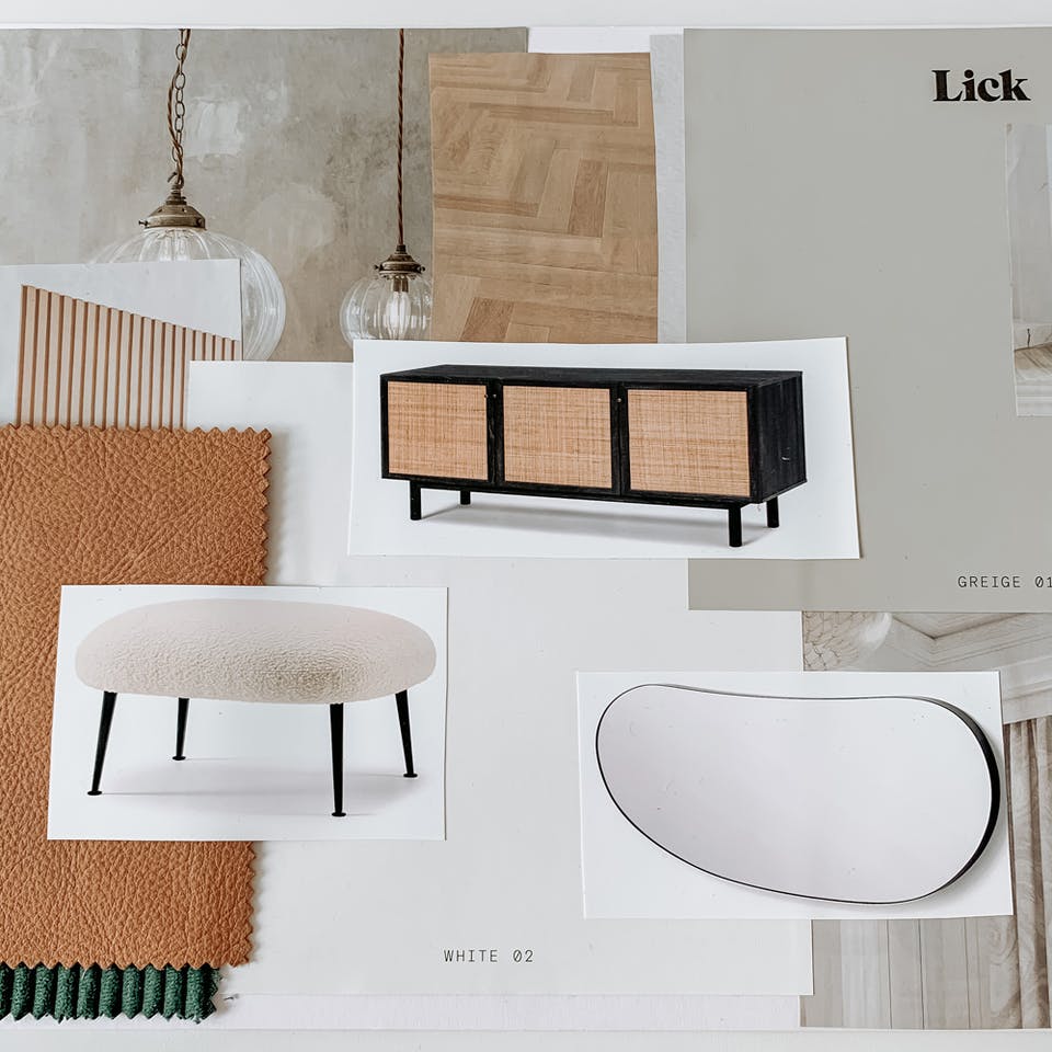 Creating colour schemes for renovation moodboard featuring Lick painy Greige 01 and White 01