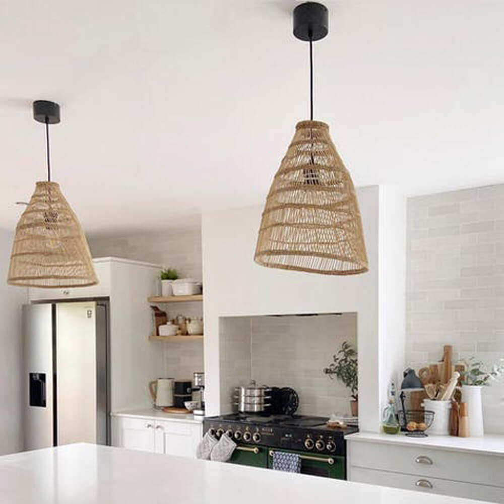 Scandi style kitchen with wicker wooden baskets as the light fixtures