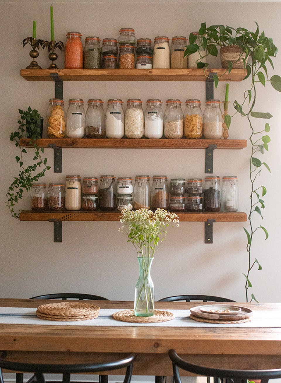 Cottagecore interior trends kitchen open shelving with trailing plants walls painted in Beige 02