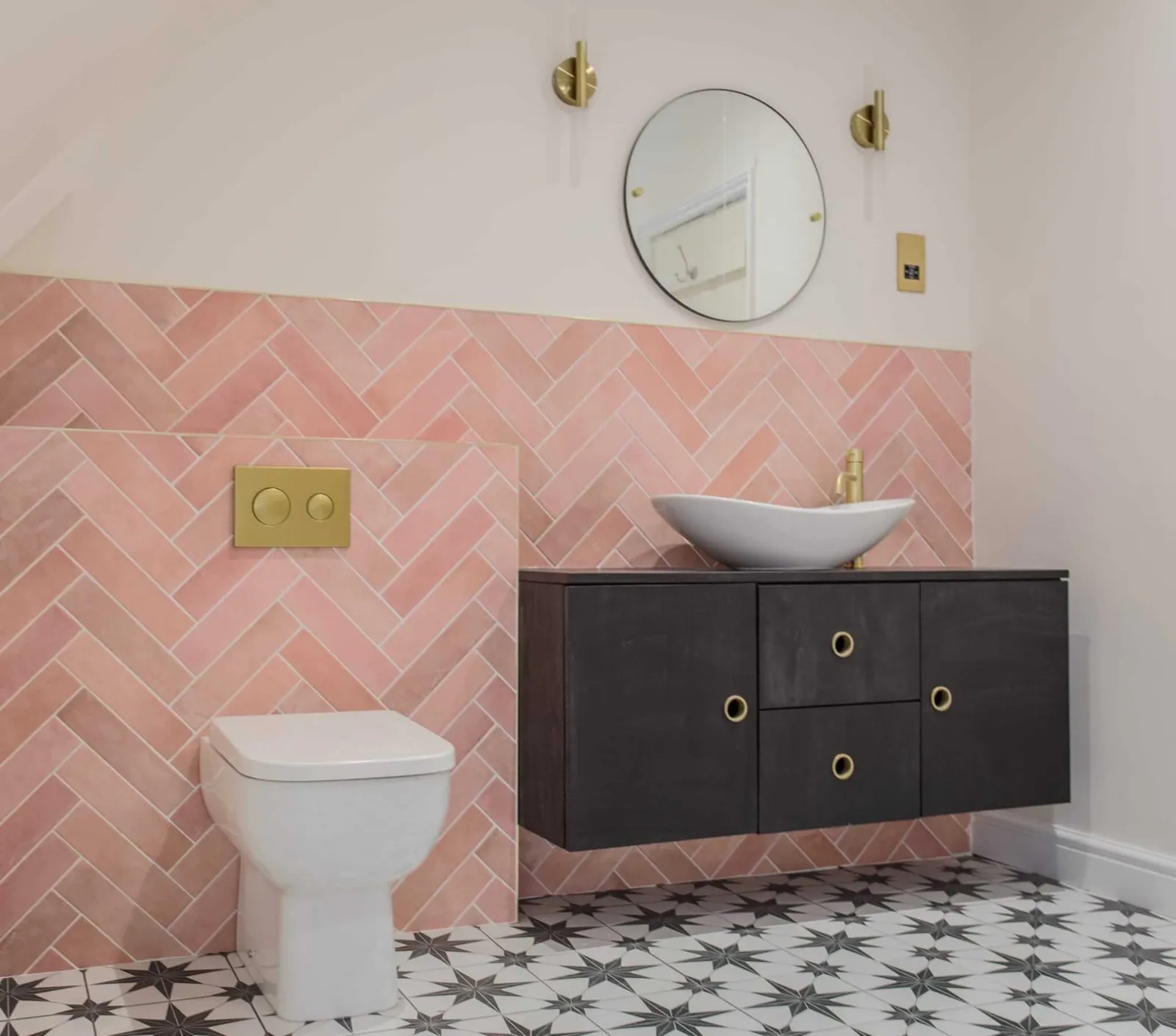 Bathroom decorated in pink and Lick White 06 paint 