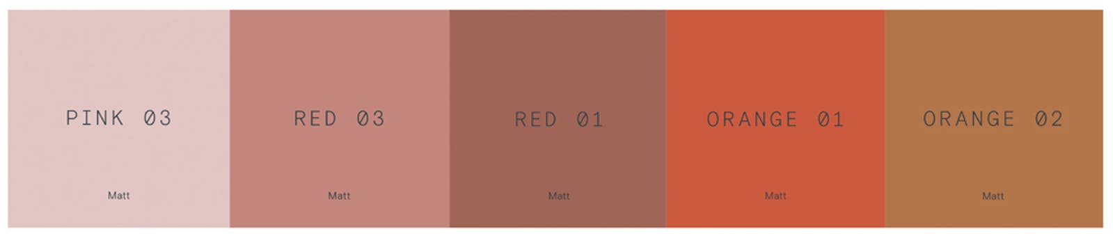 Lick paint pink to orange colour palette in Pink 03, Red 03, Red 01, Orange 01 and Orange 02